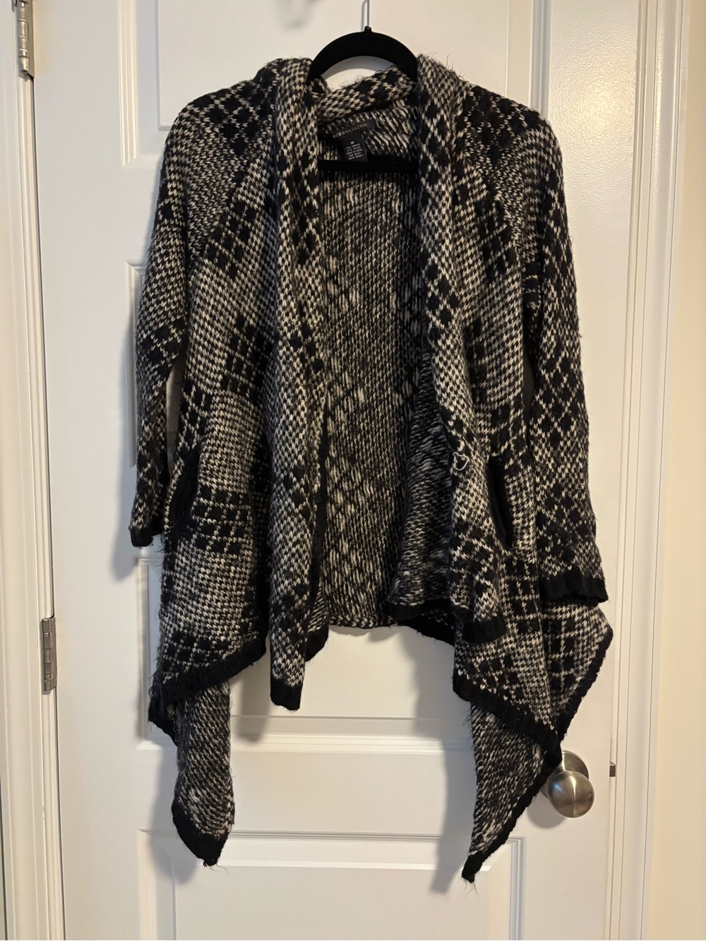 BCBGMaxAzria Black and White Open-Front Knit Poncho Cardigan